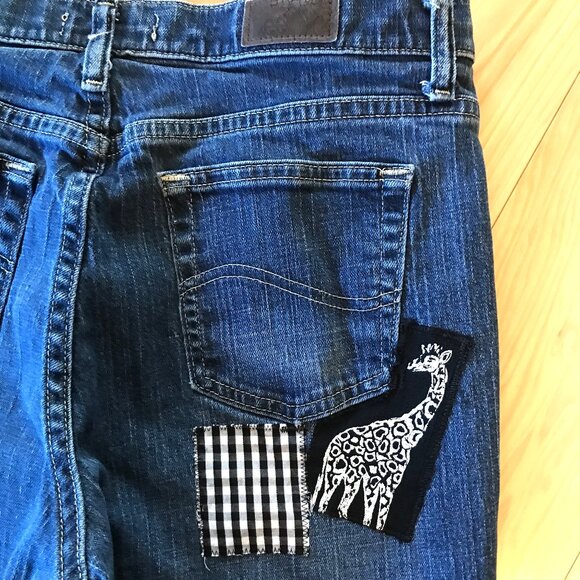Boho Hippie Patch Jeans, Size 8 Long: Upcycled, Tropical Patchwork, Giraffes - Picture 15 of 16